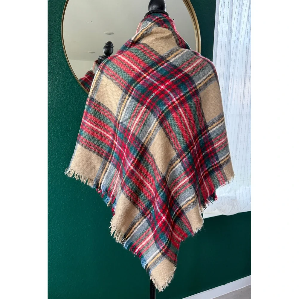 Tan Red Green Plaid Square Blanket Scarf Oversized Fringe Shawl Wrap Wrap